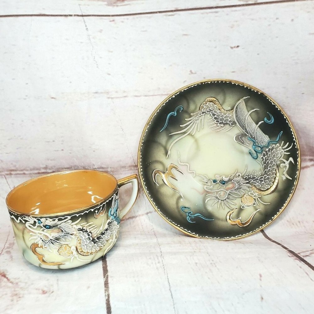 Vintage Japanese Dragonware Teacup & Saucer Set Moriage Demitasse Hand Painted